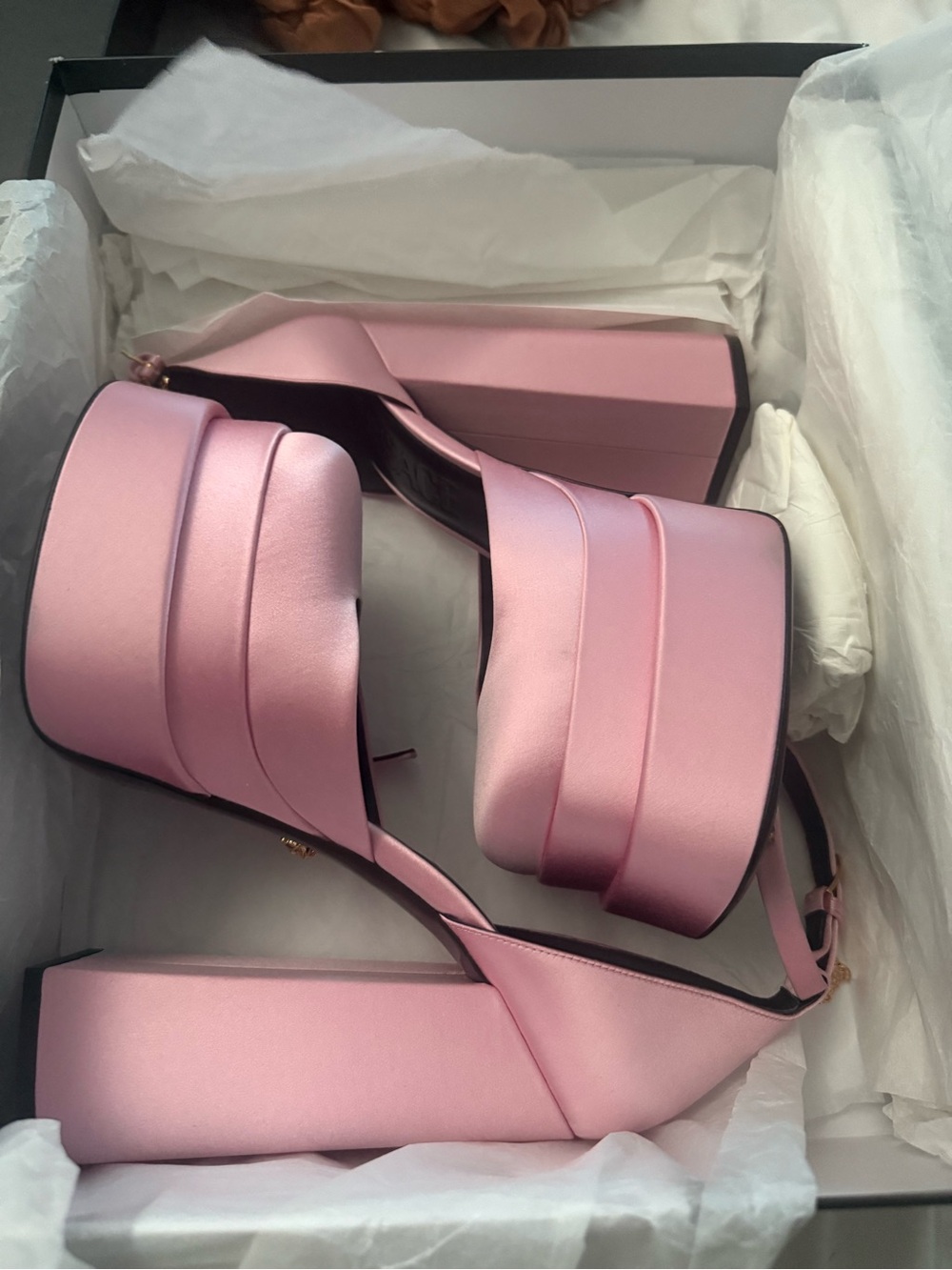 Versace Pink Satin Platform Block Heel Sandals